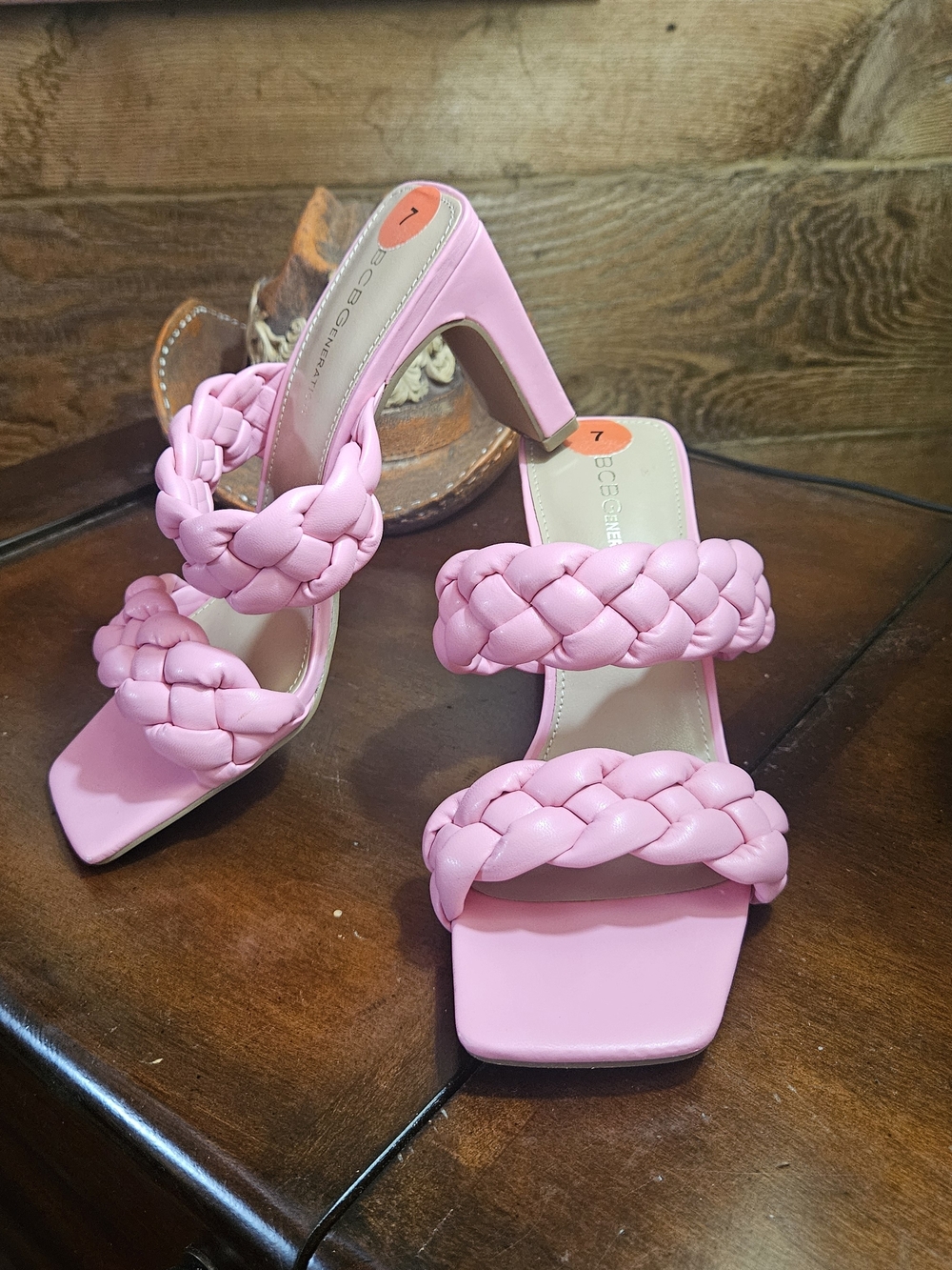 BCBGeneration Pink Braided Double-Strap Block Heel Sandals